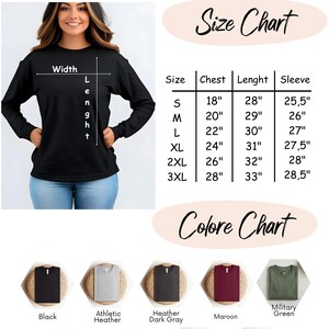 May include: Black long-sleeve shirt with a size chart and color options. The size chart shows chest measurements from 18" to 28", and lengths from 28" to 33". Color options include black, heather gray, maroon, and navy.
