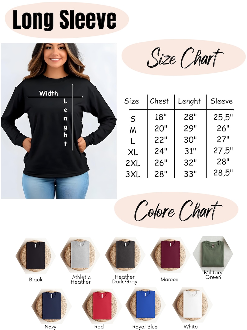 May include: Black long-sleeve shirt with a size chart and color options. The size chart shows chest measurements from 18" to 28", and lengths from 28" to 33". Color options include black, heather gray, maroon, and navy.