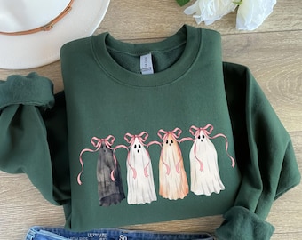 Camiseta de Halloween de fantasma coqueto, lazo rosa, camiseta espeluznante