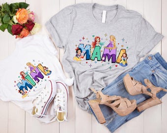 Disney Princess Mama Mini Matching Shirt, Disney Princess Family T-Shirt, Mother's Day Gift, Matching Mommy and Me Pink Tee, Mama Mini Sweat