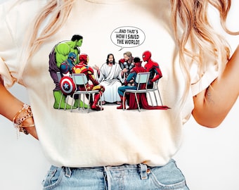 Camiseta cristiana de Jesús y superhéroes: Salvó al mundo.