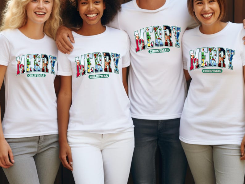 May include: Four people wearing white t-shirts with a colorful "Merry Christmas" graphic. The graphic is made up of small images of Christmas characters.