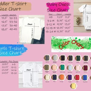 May include: A size chart for toddler, youth t-shirts, and baby onesies. The chart includes measurements for chest, length, and weight in inches. A color chart displays various t-shirt colors, including black, blue, and green.