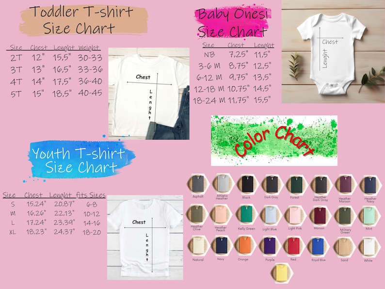 May include: A size chart for toddler, youth t-shirts, and baby onesies. The chart includes measurements for chest, length, and weight in inches. A color chart displays various t-shirt colors, including black, blue, and green.