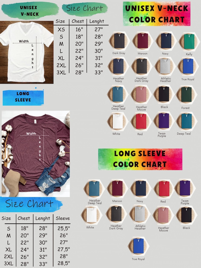 a chart of different colors and sizes of shirts