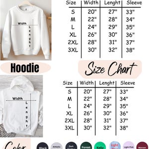 May include: A white sweatshirt and hoodie are displayed, with a size chart showing measurements in inches for width, length, and sleeve length. A color chart presents various options, including black, navy, and red.