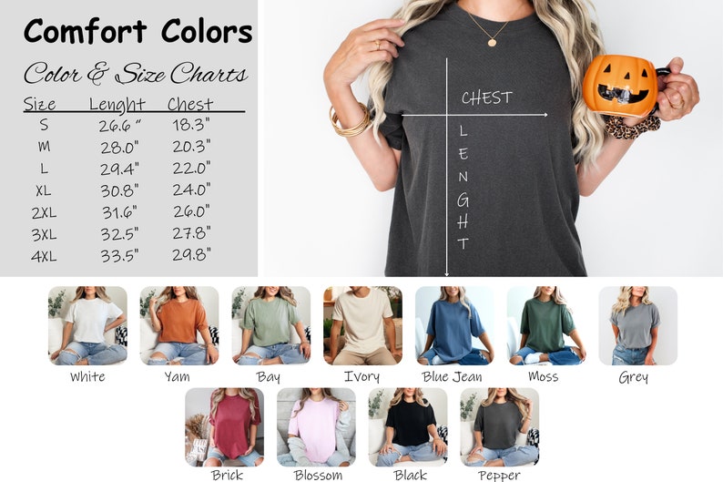 Puede incluir: Una tabla de tallas para camisetas con medidas en pulgadas. La tabla muestra las medidas de talla, longitud y pecho para las tallas S a 4XL. La tabla est&aacute; acompa&ntilde;ada de una foto de una modelo usando una camiseta gris con las palabras "CHEST" y "LENGTH" escritas en ella.