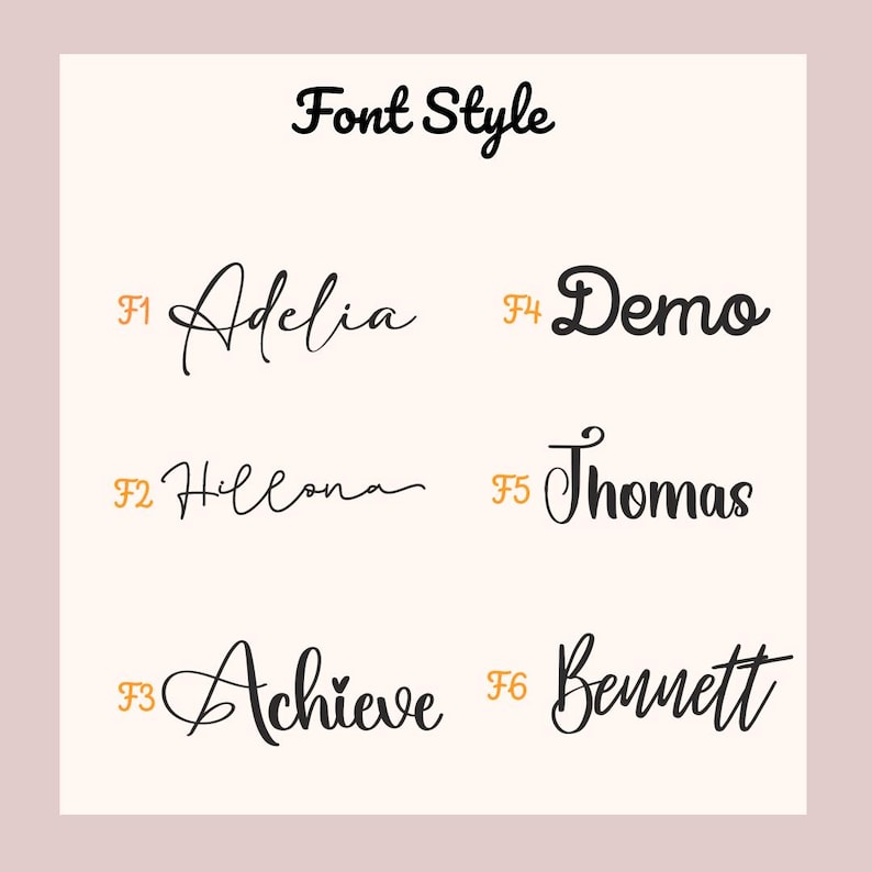 May include: A graphic showing six different font styles, labeled F1 through F6. The font styles are: Adelia, Hillona, Achieve, Demo, Thomas, and Bennett.