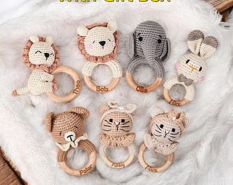 Personalized Animal Crochet Rattle, Grasping Rattle Toy, Custom Name Wooden Rattle Ring for Baby, Gift for Newborn Nephew Niece, Baby Shower