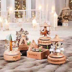 Caja de música de madera personalizada, caja de música con nombre grabado, carrusel musical para bebé, regalo de Navidad personalizado, regalo de baby shower para niño y niña, regalo para niños