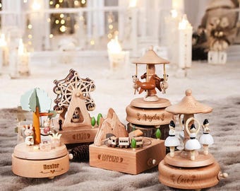 Personalized Wooden Music Box, Engraved Name Music Box, Baby Musical Carousel, Custom Christmas Gift,Baby Boy Girl Shower Gift,Gift for Kids