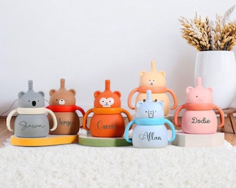 Silicone Baby Cup with Name 7oz, Gift for Baby, Toddler Silicone Cup 200 ml, 1st birthday, Custom Non-Spill Baby Training Cup with Straw