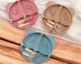 Personalised Silicone Weaning Set, Engraved Baby Name Plate, Custom Weaning Set for Baby Kids, Baby Feeding Set, 1st Birthday Gift