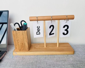 Creative Wooden Desk Calendar Organizer with Pen Holder – Multifunctional Office Desk Storage, Handmade Calendar Stand