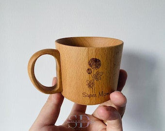 Handcrafted Beech Wood Coffee Cup with Handle, Gift for mom, Christmas gift for her, Custom Laser Engraving, 28 Design Options for Gifts