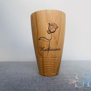 personalized handmade wooden cup without handle, tall mug, easy to clear, birthday Customization Gift, carved birth flower, Christmas gift