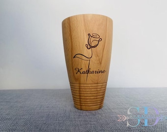 personalized handmade wooden cup without handle, tall mug, easy to clear, birthday Customization Gift, carved birth flower, Christmas gift