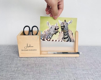 Custom Maple Wood Pen Holder with Picture Frame | Desk Organizer & Phone Stand | Graduation Gift, Office Decor, birthday gift, wedding gift