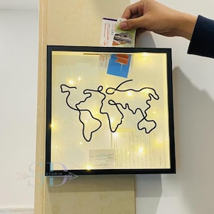 Glühende Weltkarte Ticket Memory Box Rahmen, Ticket Sammler Rahmen, maßgeschneidertes Geschenk für Paare, Reise Geburtstagsgeschenk, Reise Erinnerungsbox