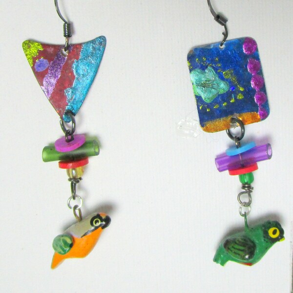 Cuckoo, handpainted charms, birds, green, purple, glass, unmatched, layered, asymmetrical