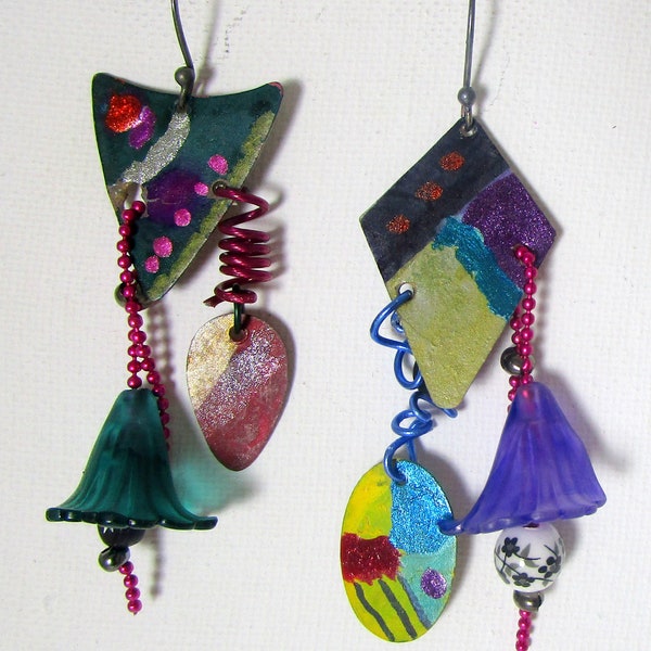 Candy, handpainted charms, red, blue, green, purple, yellow, flowers, kinetic, unmatched, contemporary, fun and happy