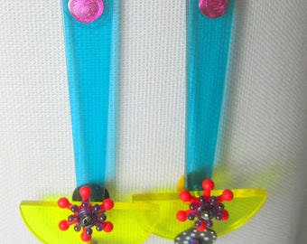 Candy, turquoise, yellow, red, black white layered towers,  geometric,  handmade,  casual, kinetic, sculptural,