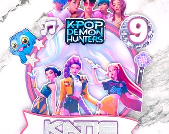 K-Pop Cake Topper – 3D Party Decoration – Custom Name & Age – Huntrix Saja Boys Theme – Personalized Birthday Decor – Demon Hunters Topper