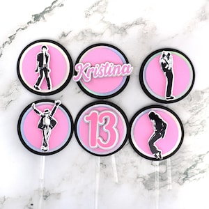 Michael Jackson cupcake toppers (set van 12) - roze en zwart thriller feestdecor - MJ Silhouette cupcake decoraties - muziek verjaardagsthema