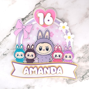Cute Labu Monster Cake Topper - Custom Name & Age - 3D Party Decoration -  - Kawaii Birthday Theme - Personalized Boy or Girl Party Decor