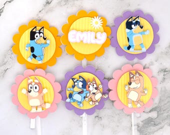 Décorations pour cupcakes d'anniversaire de chien bleu : décoration de fête 3D personnalisée - Lot de 12