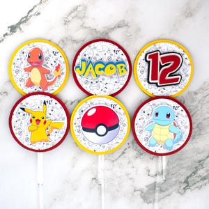 PockeMonster Cupcake Toppers (Set of 12) - Pocket Monster Birthday Decor - Handmade - Theme - 3D Poke mon Party Decor - Pokeball Inspired