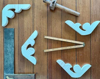 4  Decorative Wooden Trim w/ Flourish Design, Wood Gingerbread Woodwork Molding, Wood Restoration Brackets Historic Corbel, Shelf Bracket