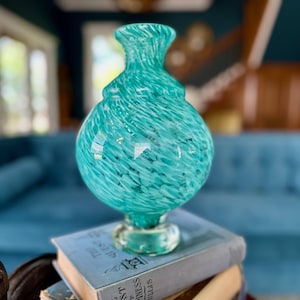 Vintage Turquoise Blue and White Glass Vase with Swirl Design, Large 9.5&quot; Handblown Teal Glass Flower Vase, Unique Gift Idea