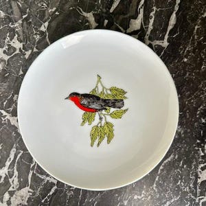 Vintage Fitz and Floyd Robin Plate, 1970&#39;s FF Red Breasted Robin Perched on Branch Decorative Ceramic Plate, MCM Bird Home Decor