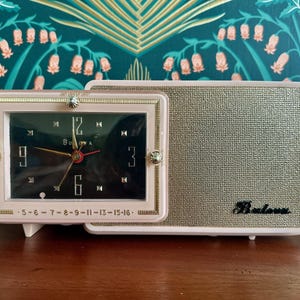 Vintage 1957 Bluetooth Pink Bulova Clock Radio, Mid-Century Modern Pink Tabletop Clock Radio - Works with Bluetooth, Model 100, RARE Black