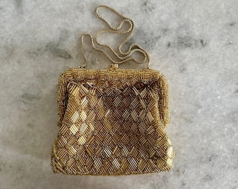 Vintage Gold Beaded Purse Handmade in Hong Kong, Golden Evening Bag Clutch with Chain Strap circa 1960