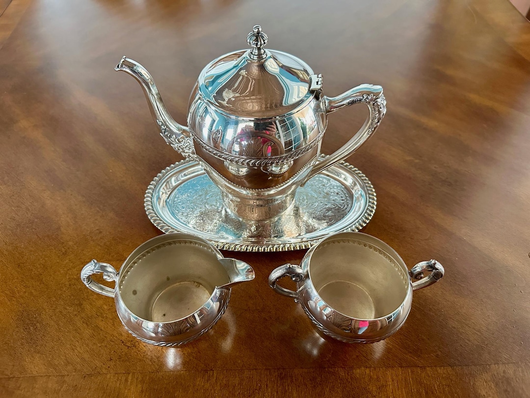 Vintage Michael C. Fina Silver Plated Tea Set With Teapot, Tray, Sugar