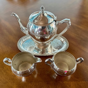 Vintage Michael C. Fina Silver Plated Tea Set with Teapot, Tray, Sugar Bowl, Creamer with Decorative Rope Design, Flowers, & Finial