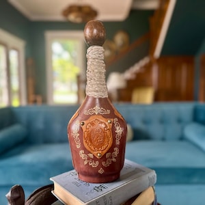 Vintage Italian Decanter with Brown Leather and Lion Crest, Collectible Liquor Bottle and Decorative Mid Century Modern Barware