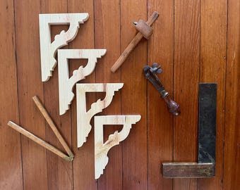 4  Decorative Wooden Trim w/ Art Nouveau Flair, Gingerbread Woodwork Molding, Restoration Brackets for Historic Home Corbels, Shelf Brackets