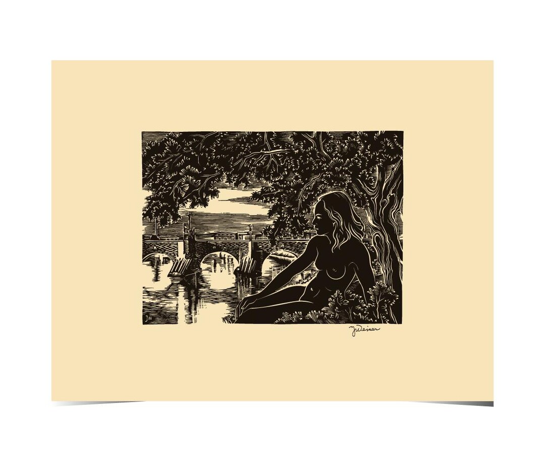 Vector File Woodcut Print, Riverside Girl, Color Editable, Path ...