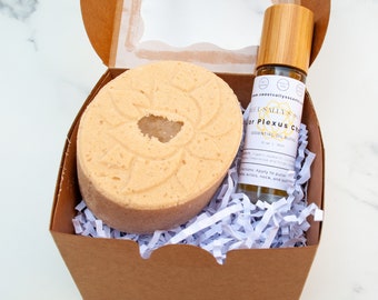 Solar Plexus Chakra Aromatherapy Gift Set, Crystal Infused Bath Bomb, Essential Oil Roller Ball