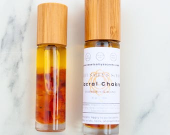 Sacral Chakra Essential Oil Roller with Crystals: Aromatherapy, Yoga, Meditation