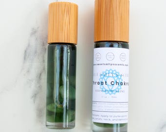 Throat Chakra Essential Oil Roller with Crystals: Aromatherapy, Yoga, Meditation