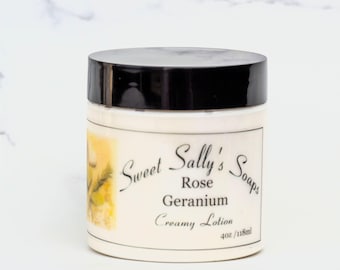 Rose Geranium Creamy Lotion, Natural Skin Care, Moisturizing Body Lotion, Essential Oil Scented
