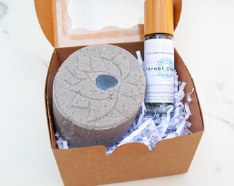 Throat Chakra Aromatherapy Gift Set, Crystal Infused Bath Bomb, Essential Oil Roller Ball