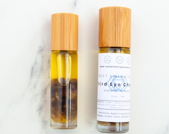 Third Eye Chakra Essential Oil Roller with Crystals: Aromatherapy, Yoga, Meditation