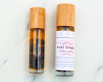 Root Chakra Essential Oil Roller with Crystals: Aromatherapy, Yoga, Meditation