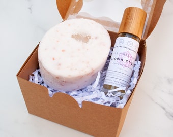 Crown Chakra Aromatherapy Gift Set,Crystal Infused Bath Bomb, Essential Oil Roller Ball