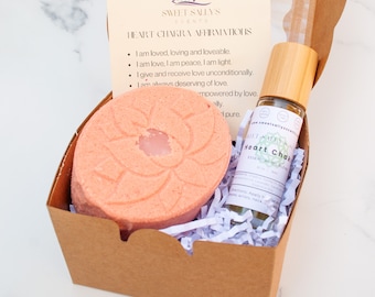 Heart Chakra Aromatherapy Gift Set, Crystal Infused Bath Bomb, Essential Oil Roller Ball
